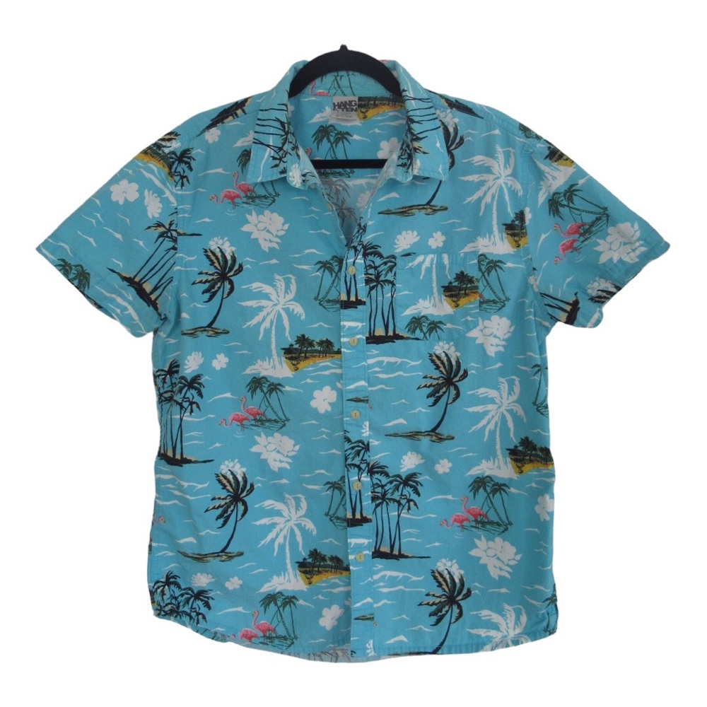 Hang Ten Hawaiian Shirt – Palm Trees & Flamingos – Men’s L – Cotton Button Up